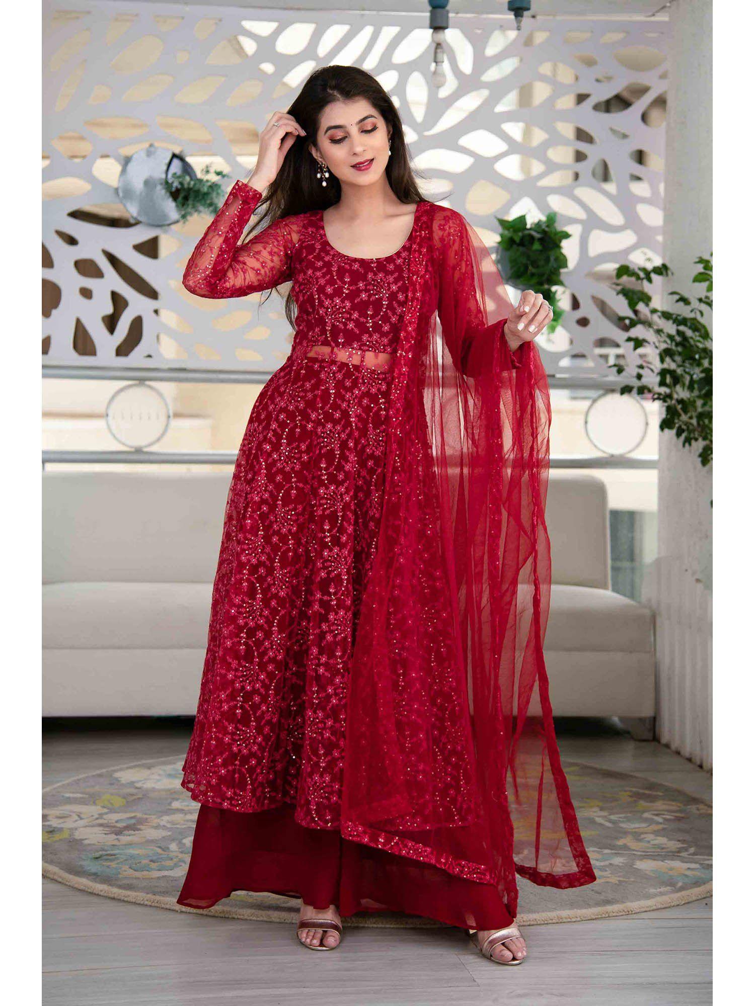 red anarkali suit and palazzo with net dupatta (set of 3)