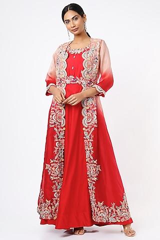 red anarkali with embroidered cape