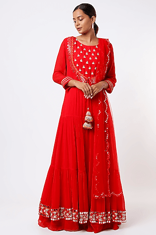 red anarkali with embroidered jacket