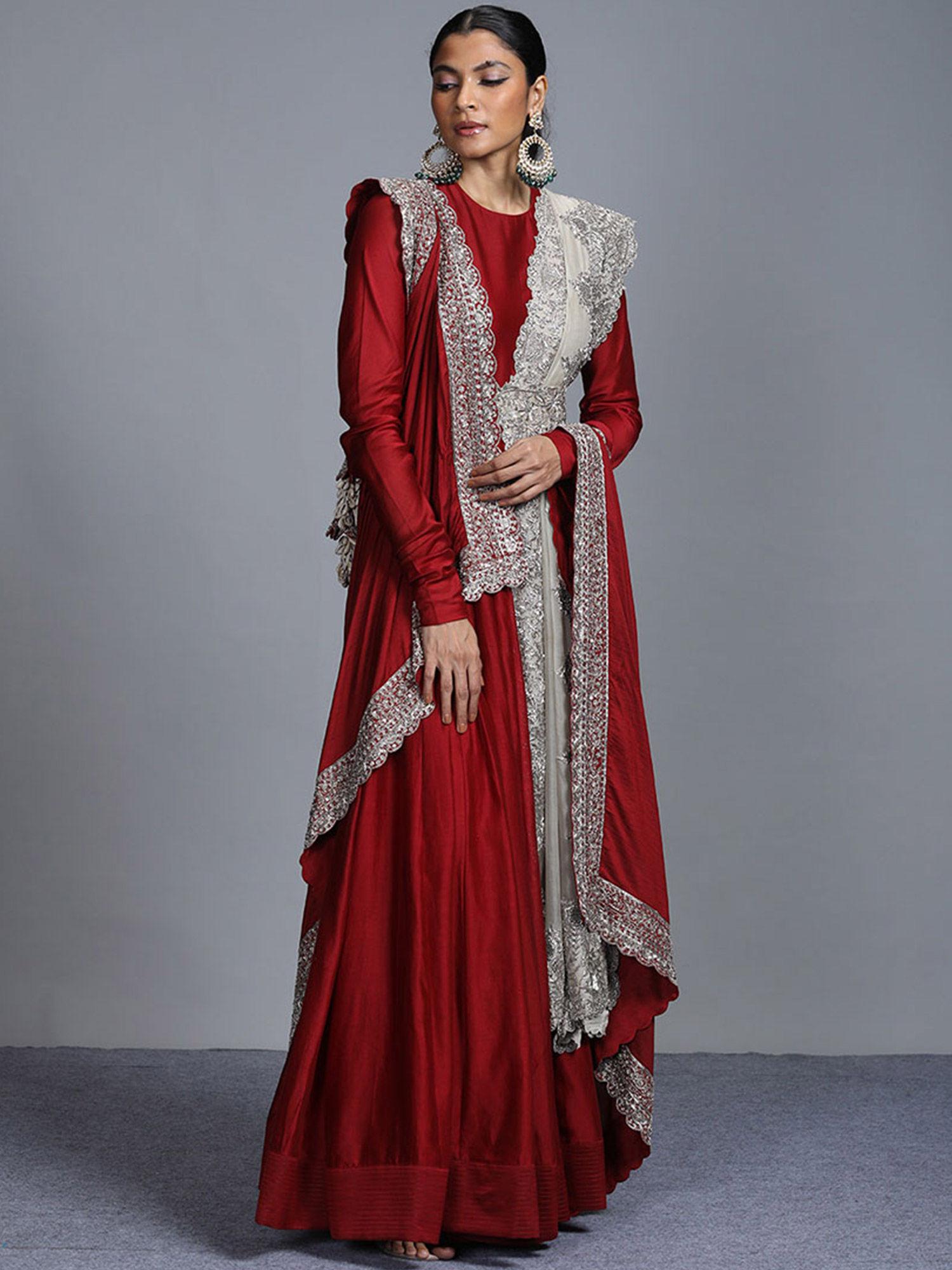 red anarkali with two dupattas (set of 3)