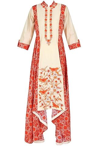 red and beige asymmetric bird jaal embroidered anarkali