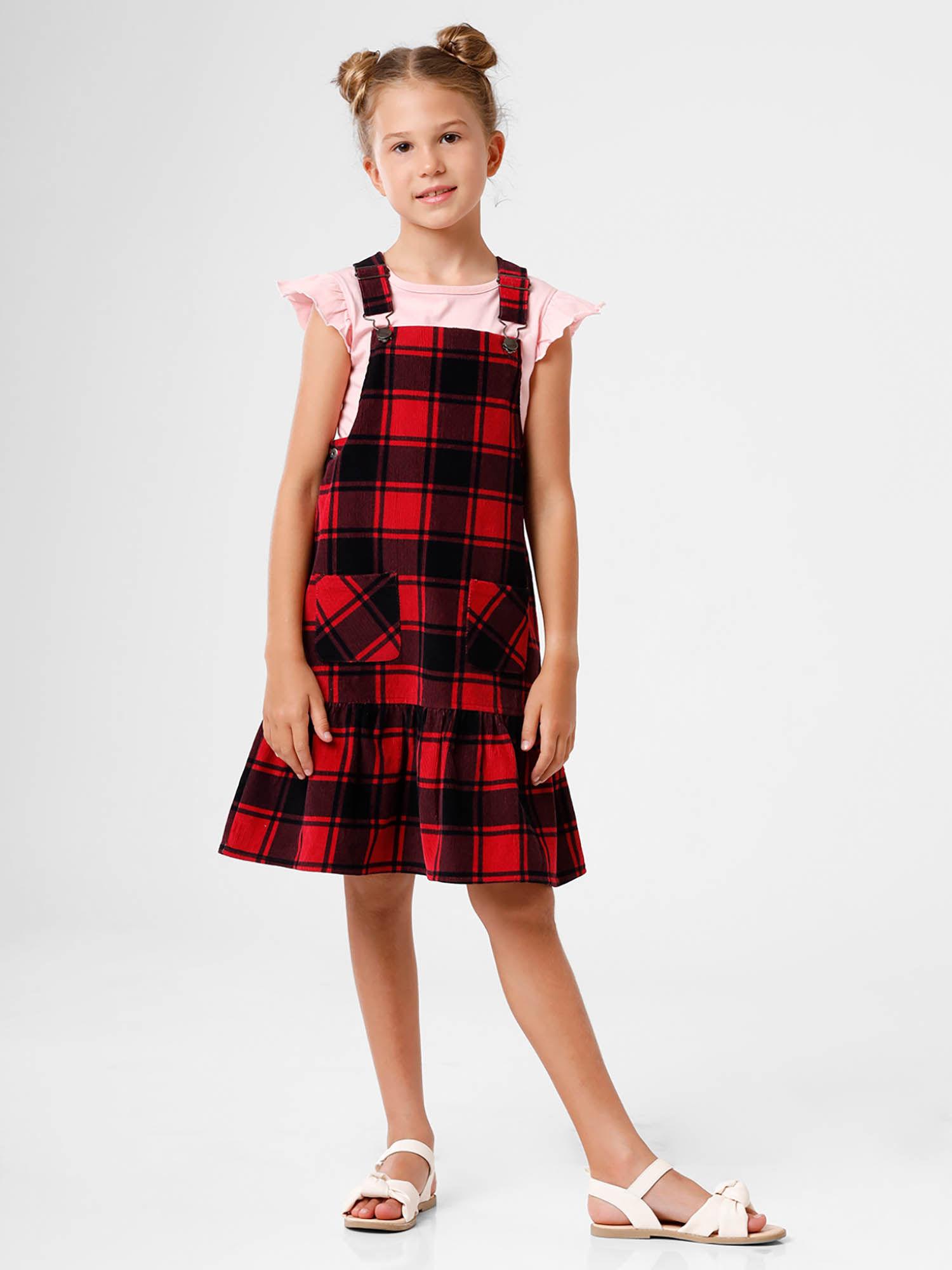 red and black checks corduroy pinafore dungaree