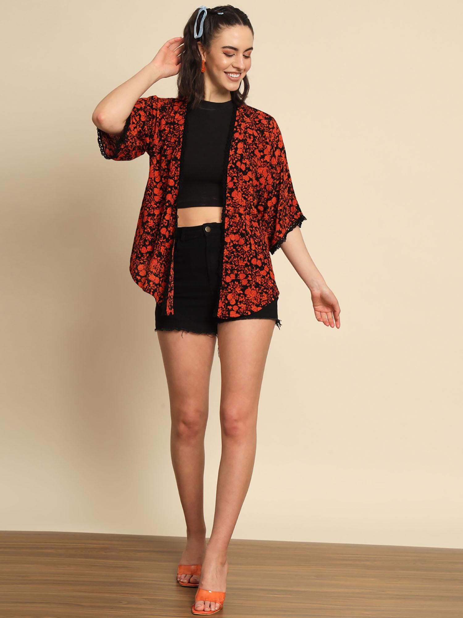 red and black floral printed shrug