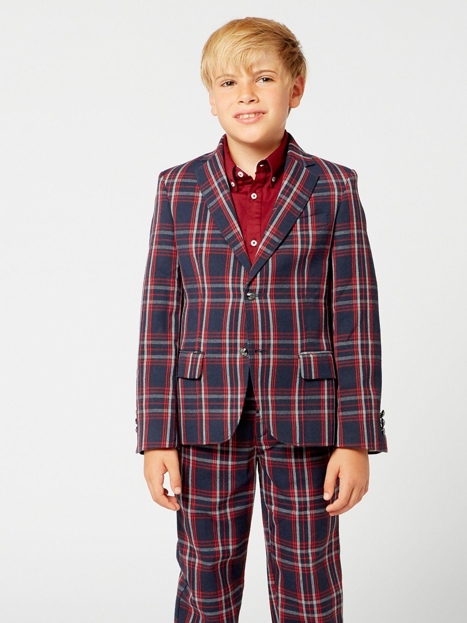 red and blue check pattern blazer