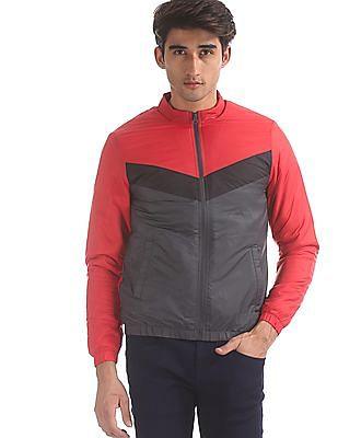 red and charcoal stand collar colour block jacket
