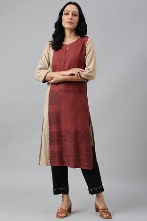 red and ecru placement print kurta in round neck