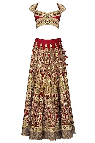 red and gold embroidered lehenga set
