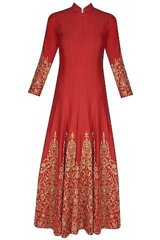 red and gold floral embroidered high collared flared anarkali set