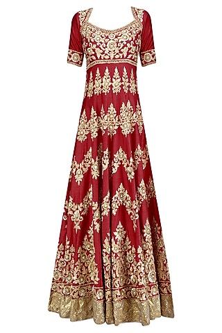 red and gold gota patti embroidered floral motifs anarkali set