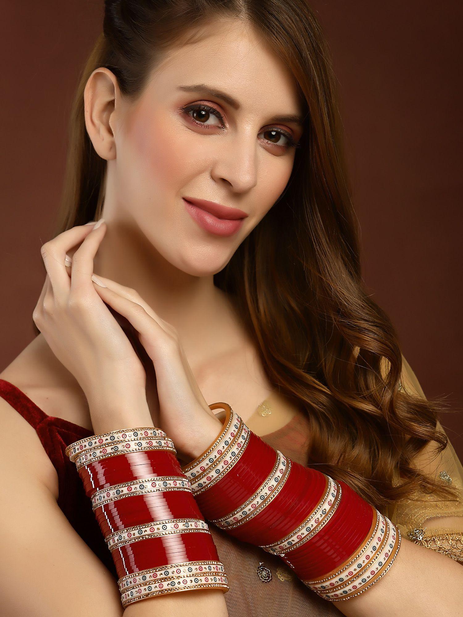 red and gold plated of 80 cz stone matching bangles wedding chuda (set of 80)