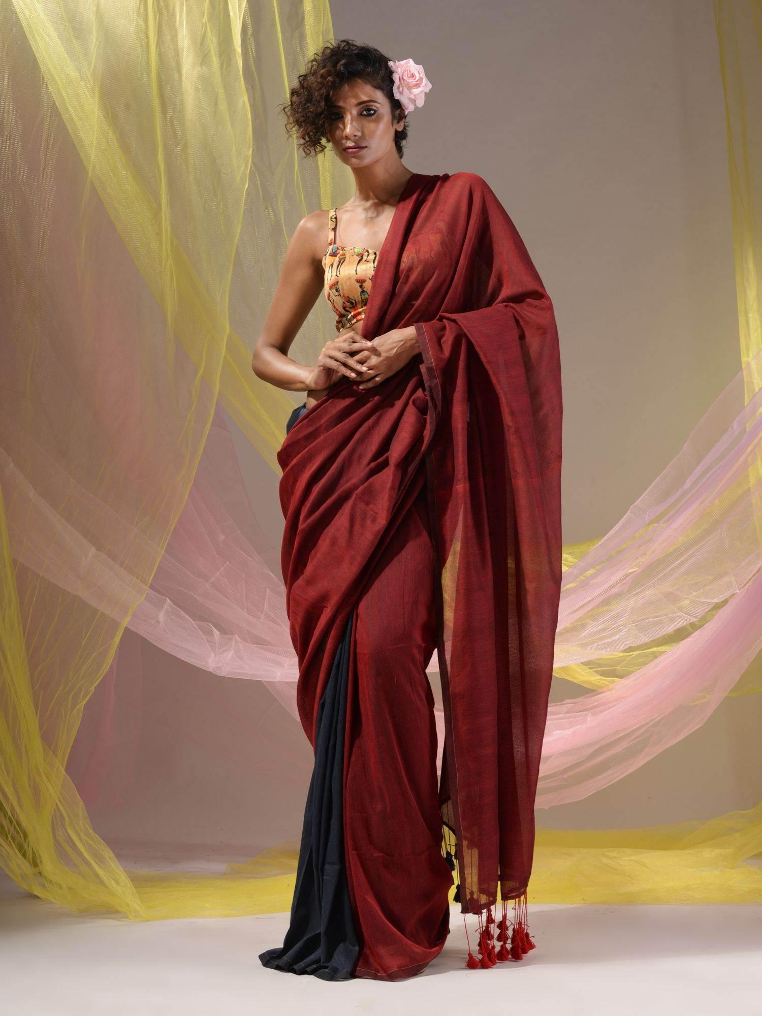 red and grey colorblock handloom tassels saree with unstitched blouse