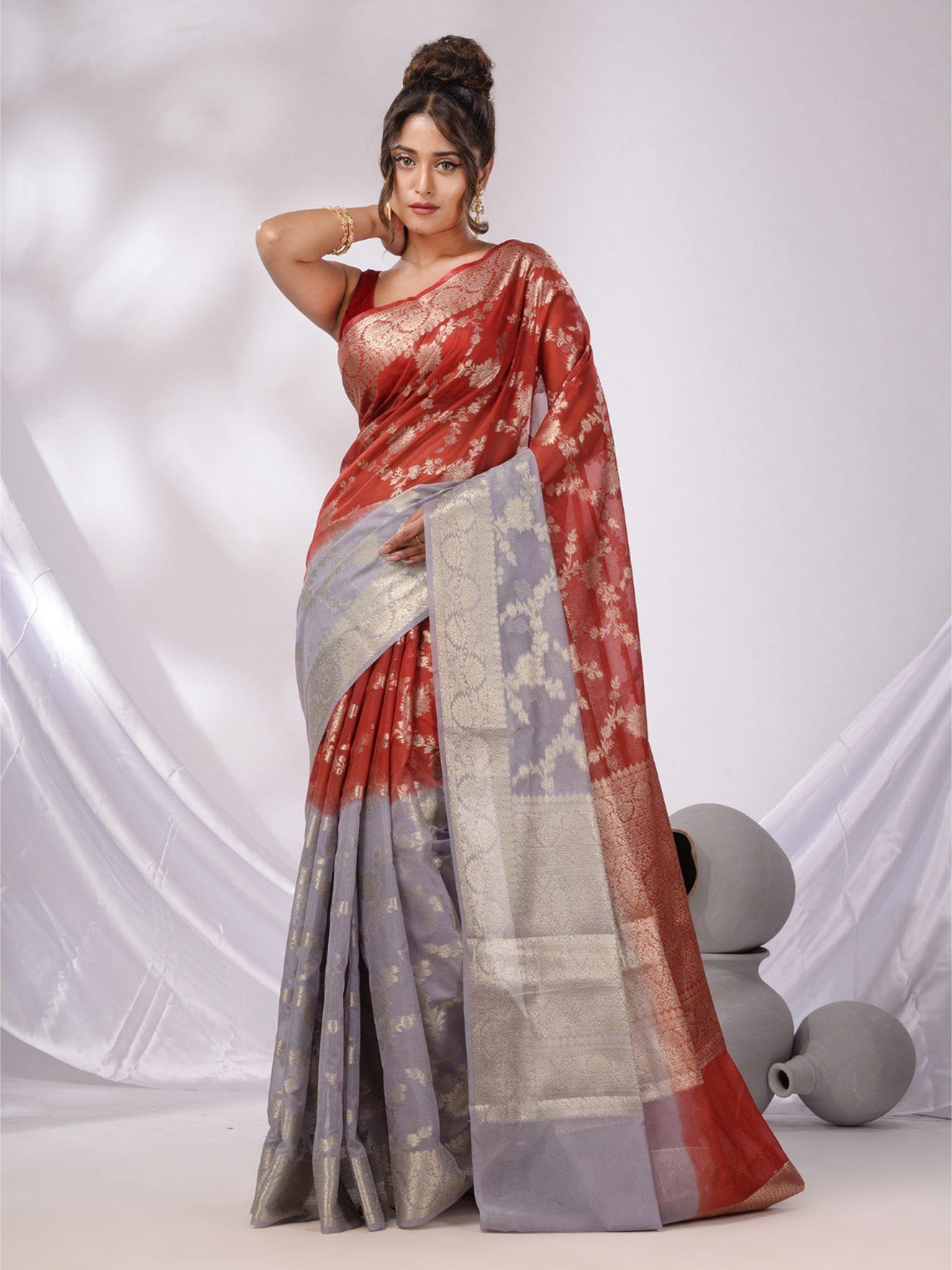 red and grey georgette handwoven saree with floral nakshi designs & unstitched blouse