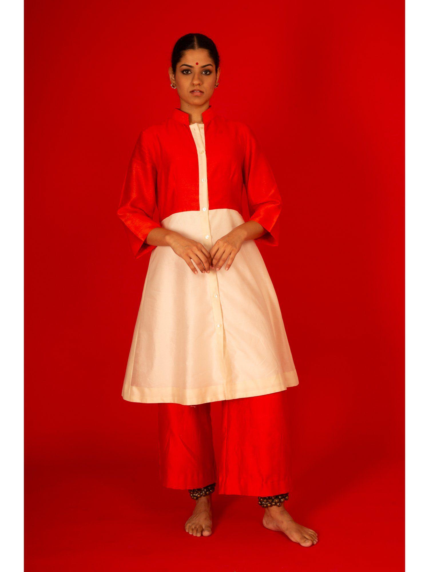 red and ivory kurta in banarasi cotton silk with palazzo (set of 2)