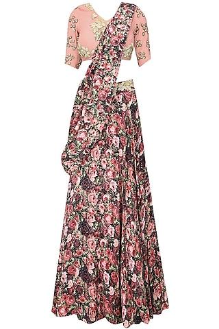 red and pink rose printed lehnga saree with pale pink rose embroidered blouse