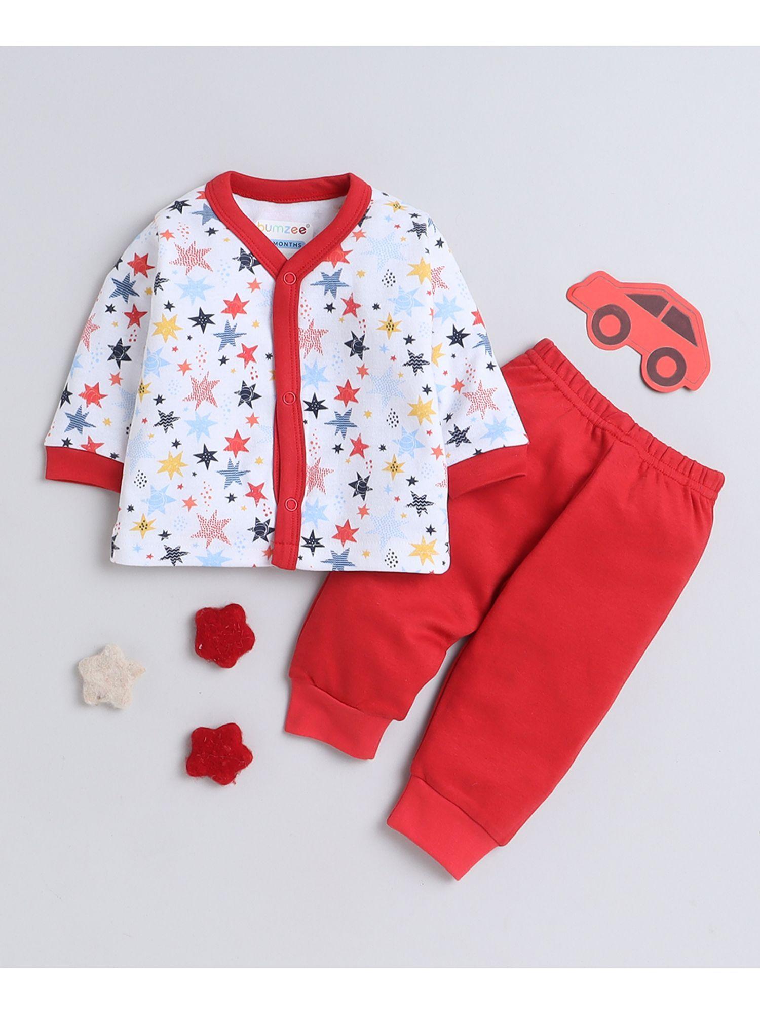 red and white baby boys full sleeves jabla and pyjama (set of 2)