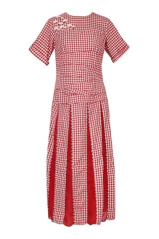 red and white gingham checked midi dress