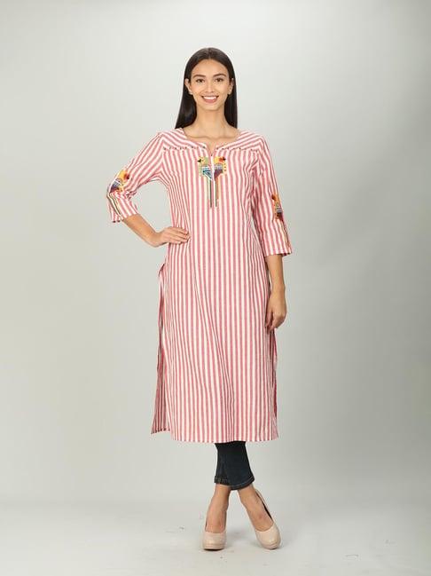 red and white stripe embroider kurti