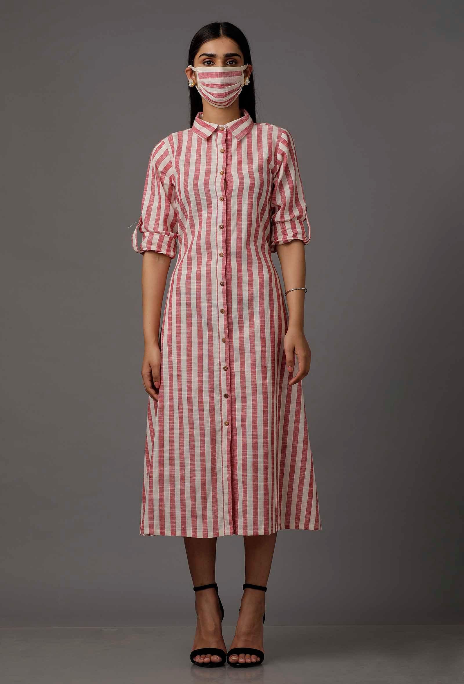 red and white stripes pure woven cotton dress with complimentary matching mask