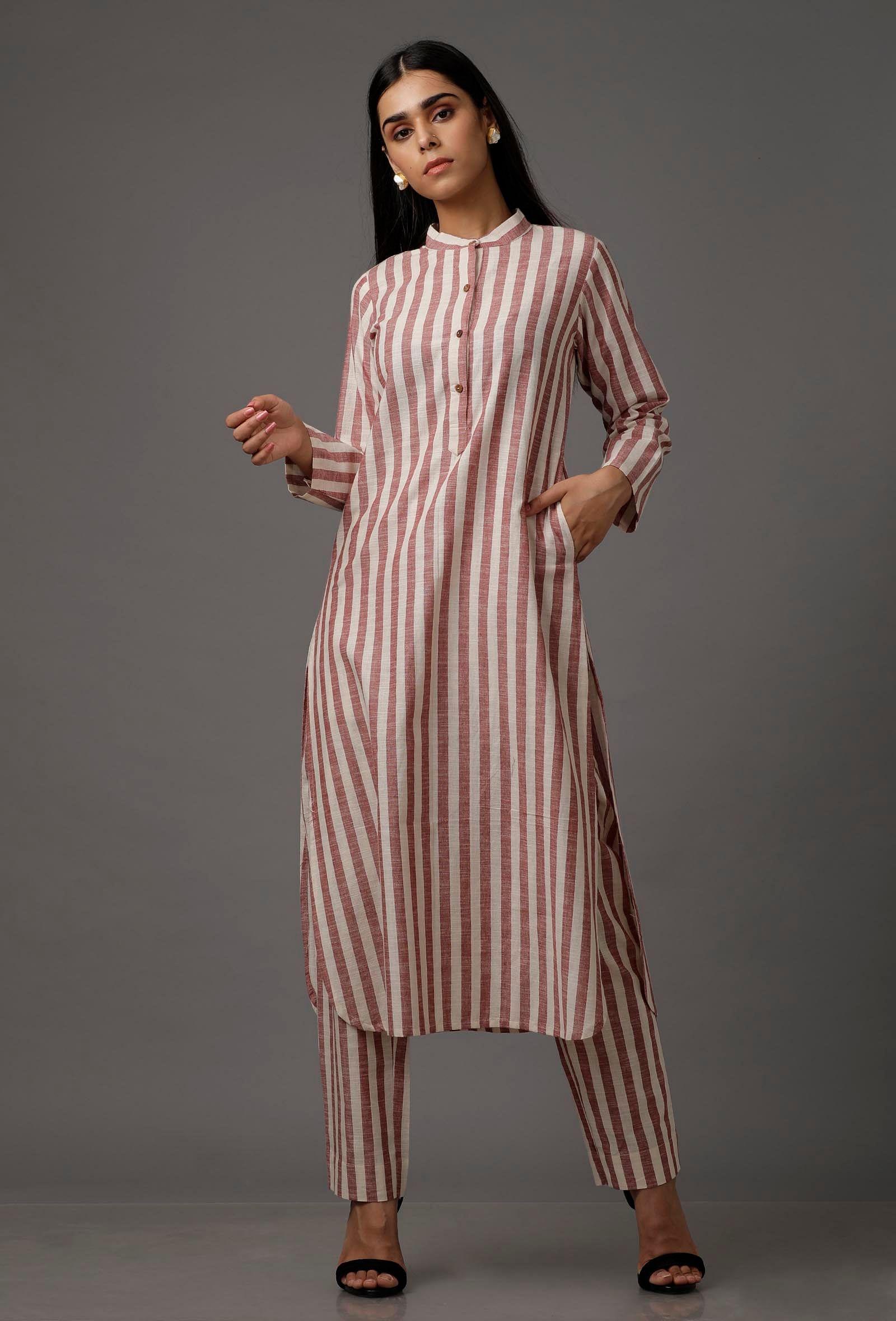 red and white stripes pure woven cotton kurta with complimentary matching mask