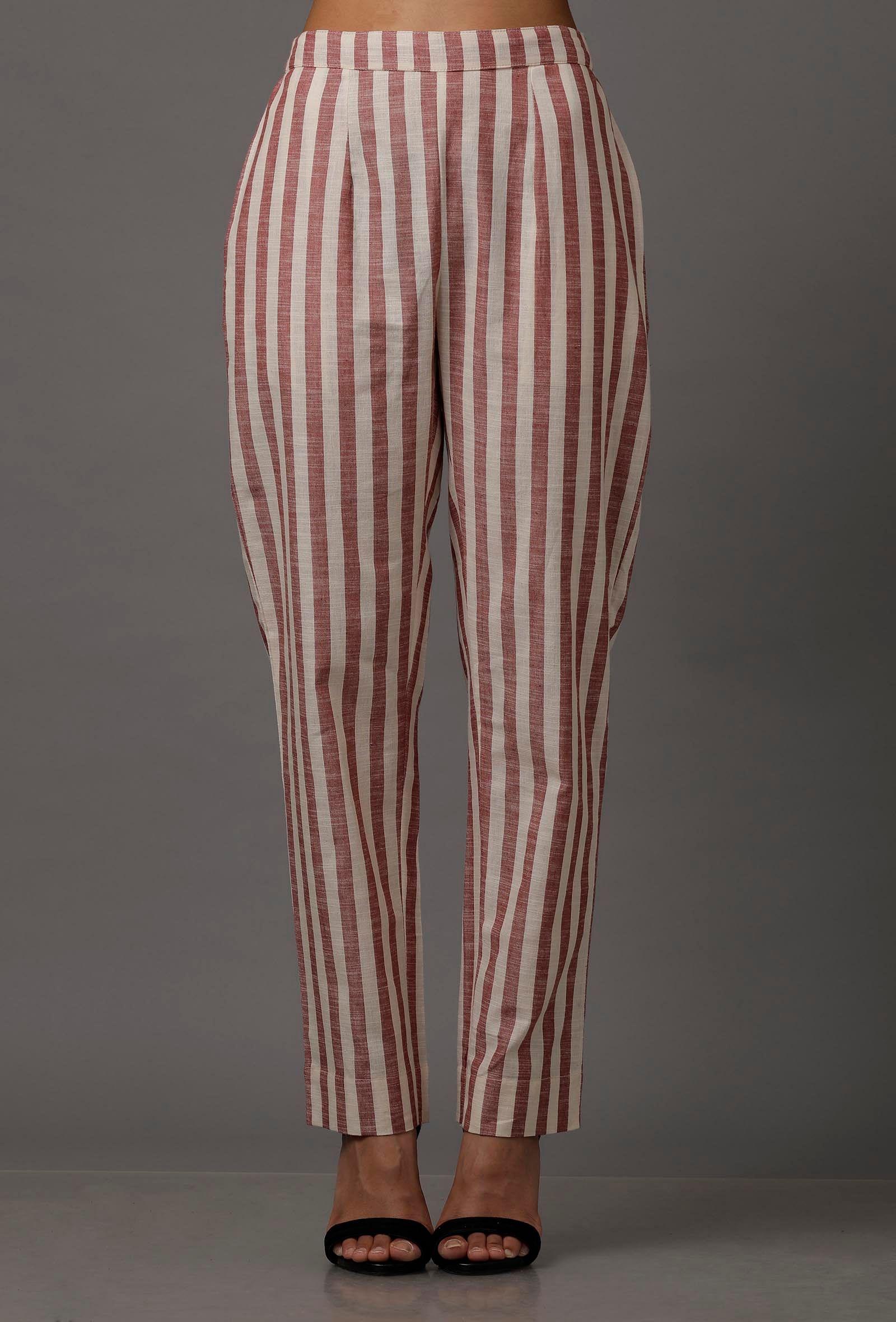 red and white stripes pure woven cotton pants