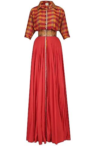 red and yellow flared anarkali and pants set