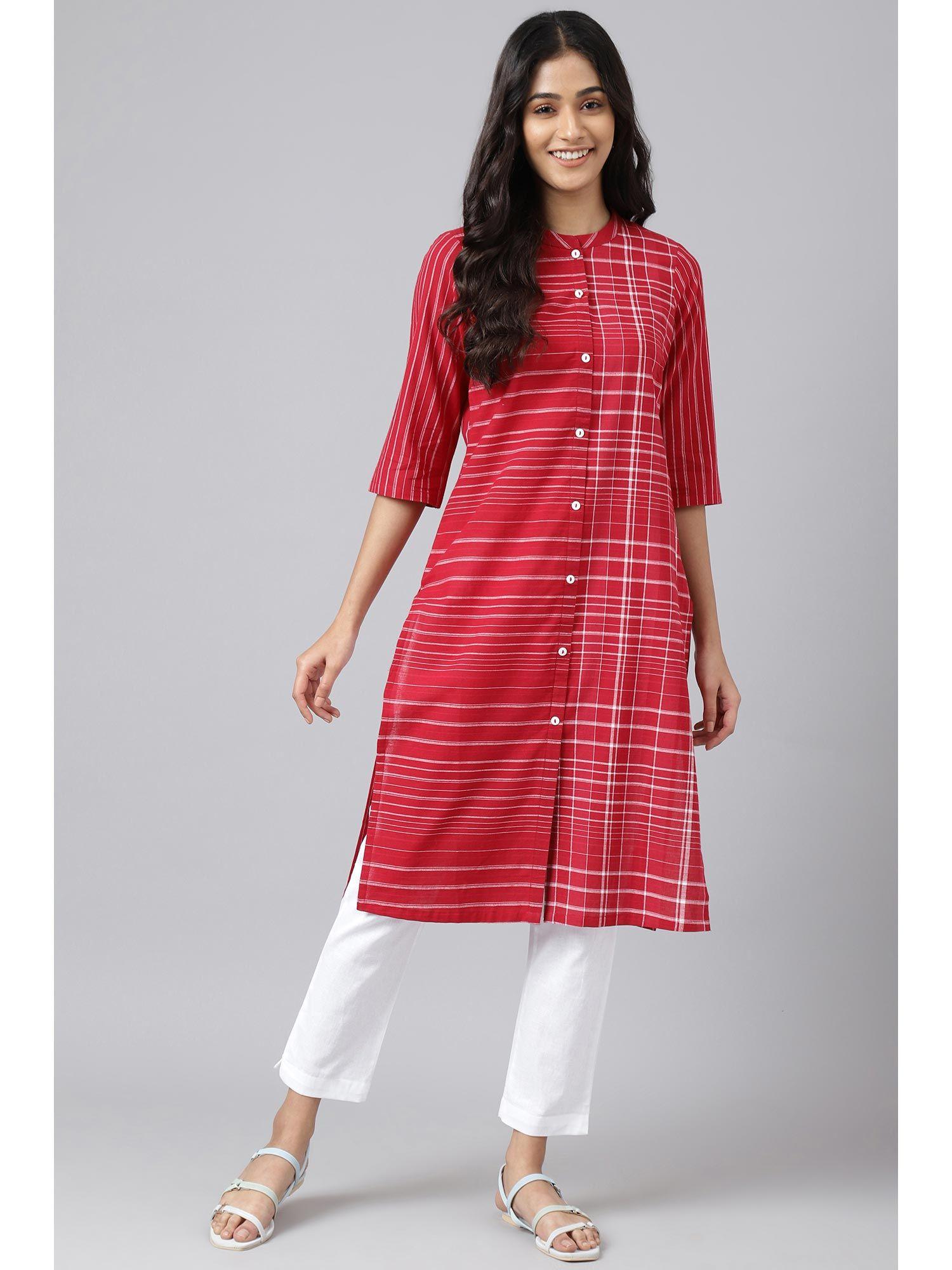 red asymmetric placement kurta