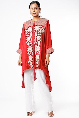 red asymmetrical crepe tunic
