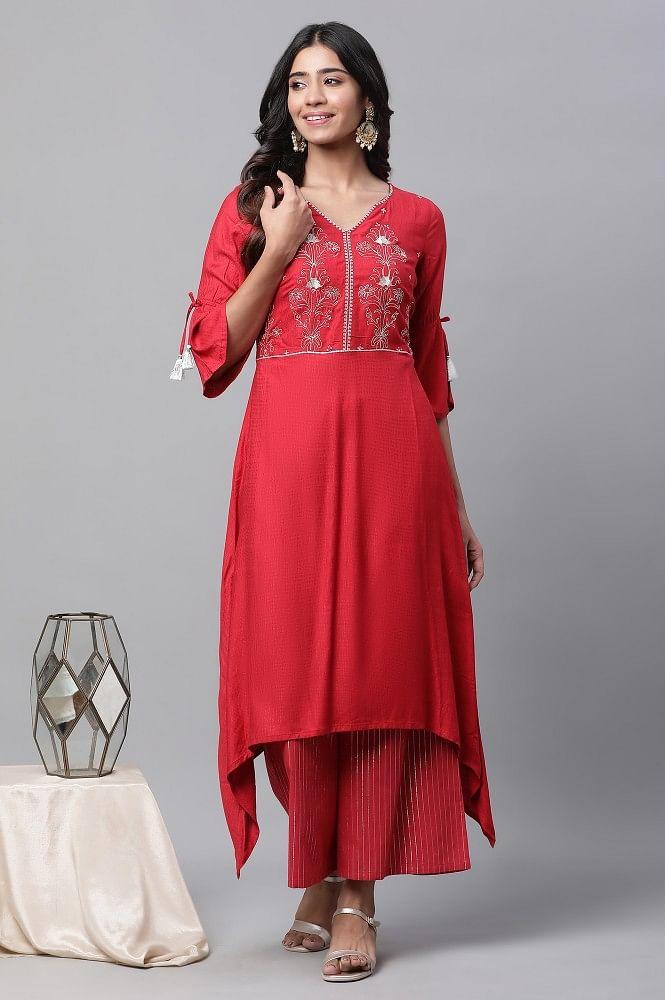 red asymmetrical embroidered kurta and palazzo set