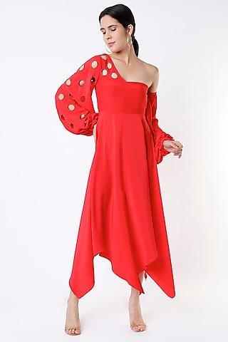 red asymmetrical midi dress