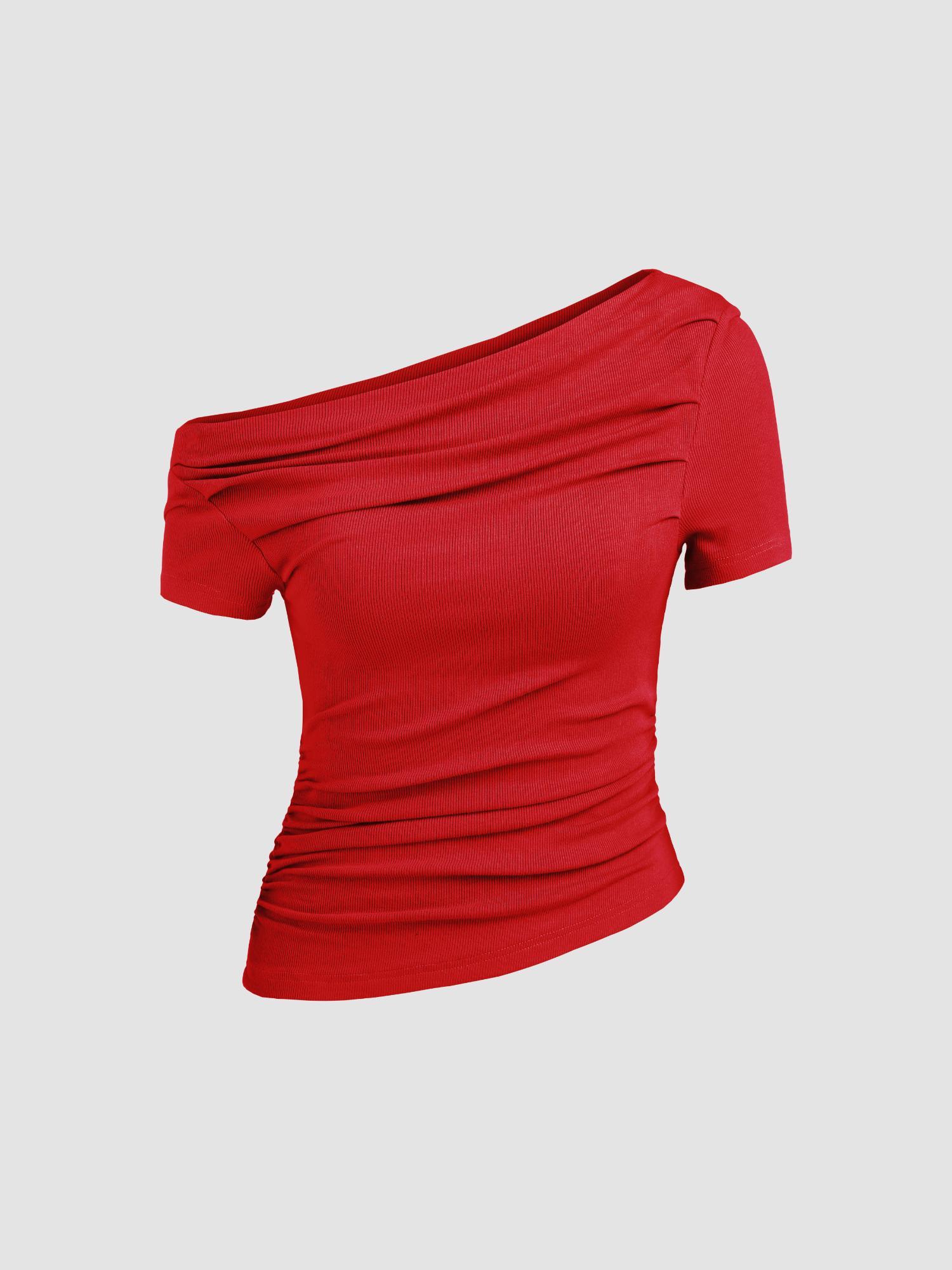 red asymmetrical neck ruched short sleeve top