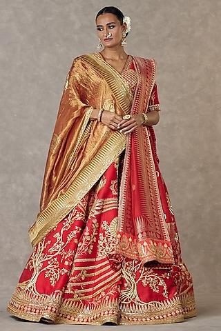 red bagh-e-bahar neelkamal raw silk dori embroidered lehenga set