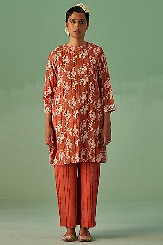 red bamboo silk printed & embroidered kurta set