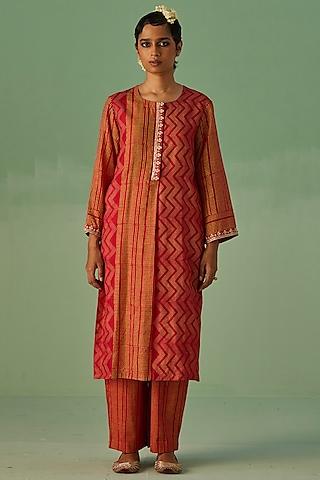 red bamboo silk printed & embroidered kurta set