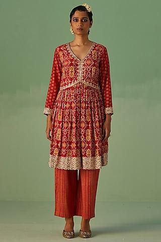 red bamboo silk printed & embroidered kurta set
