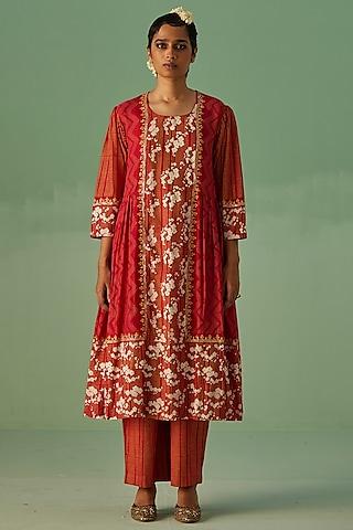 red bamboo silk printed & embroidered kurta set