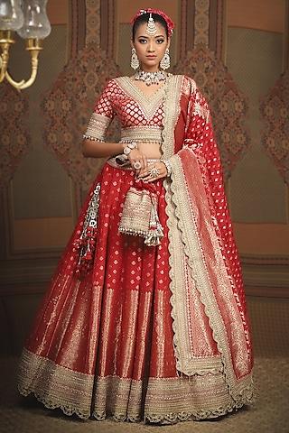 red banarasi machine embroidered lehenga set