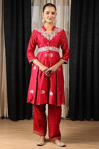 red banarasi silk hand & machine embroidered kurta set