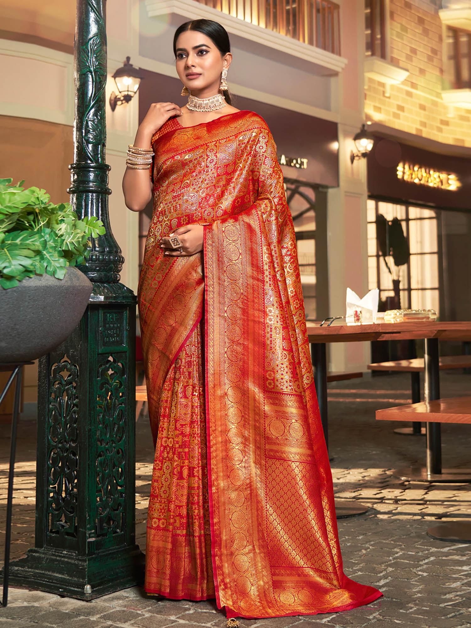 red banarasi silk woven work traditional tassels saree with unstitched blouse