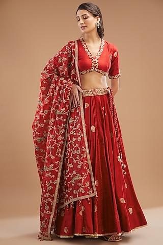 red banarasi weaved silk embroidered lehenga set