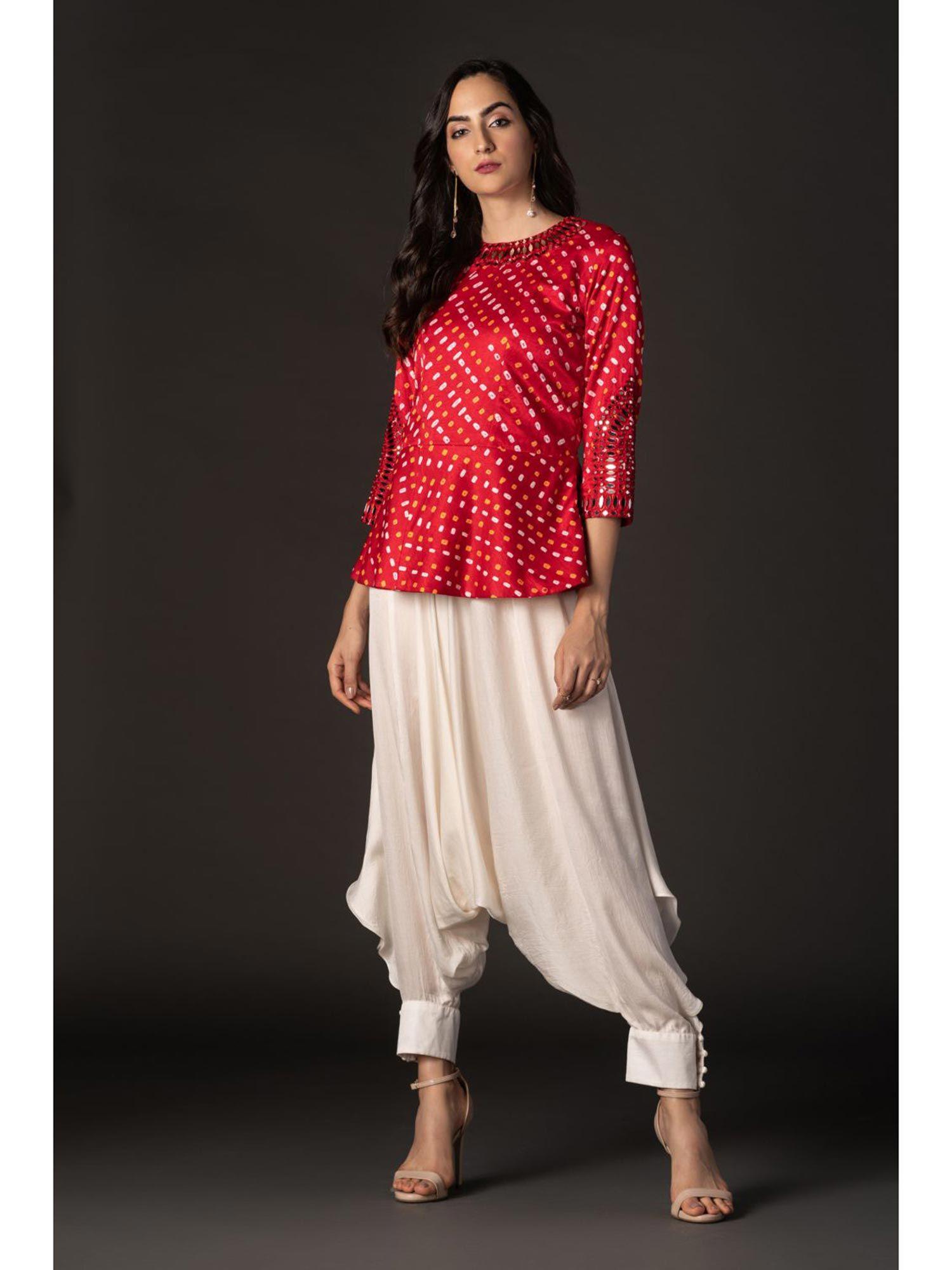 red bandhani mirrorwork peplum top