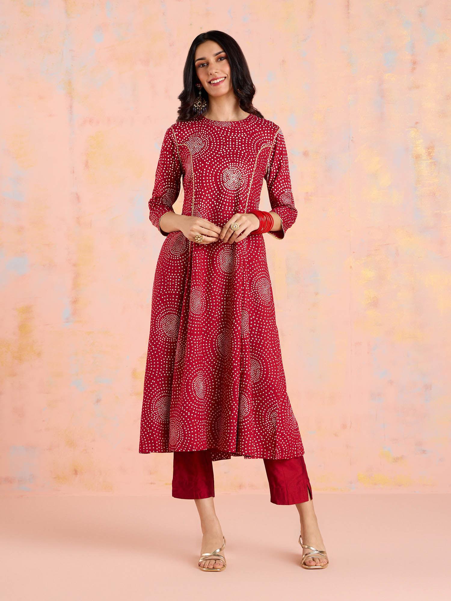 red bandhani printed a-line kurta likkur204