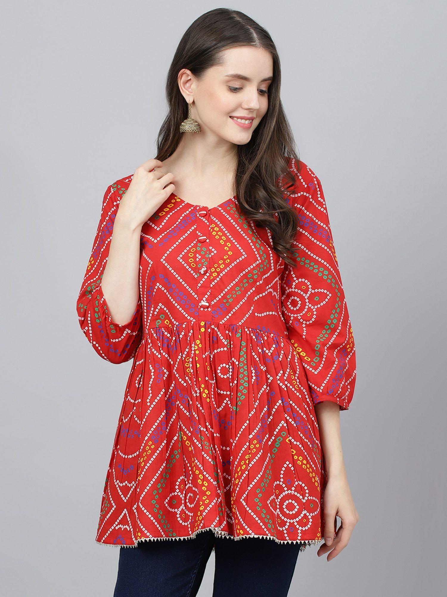 red bandhani printed cotton peplum top