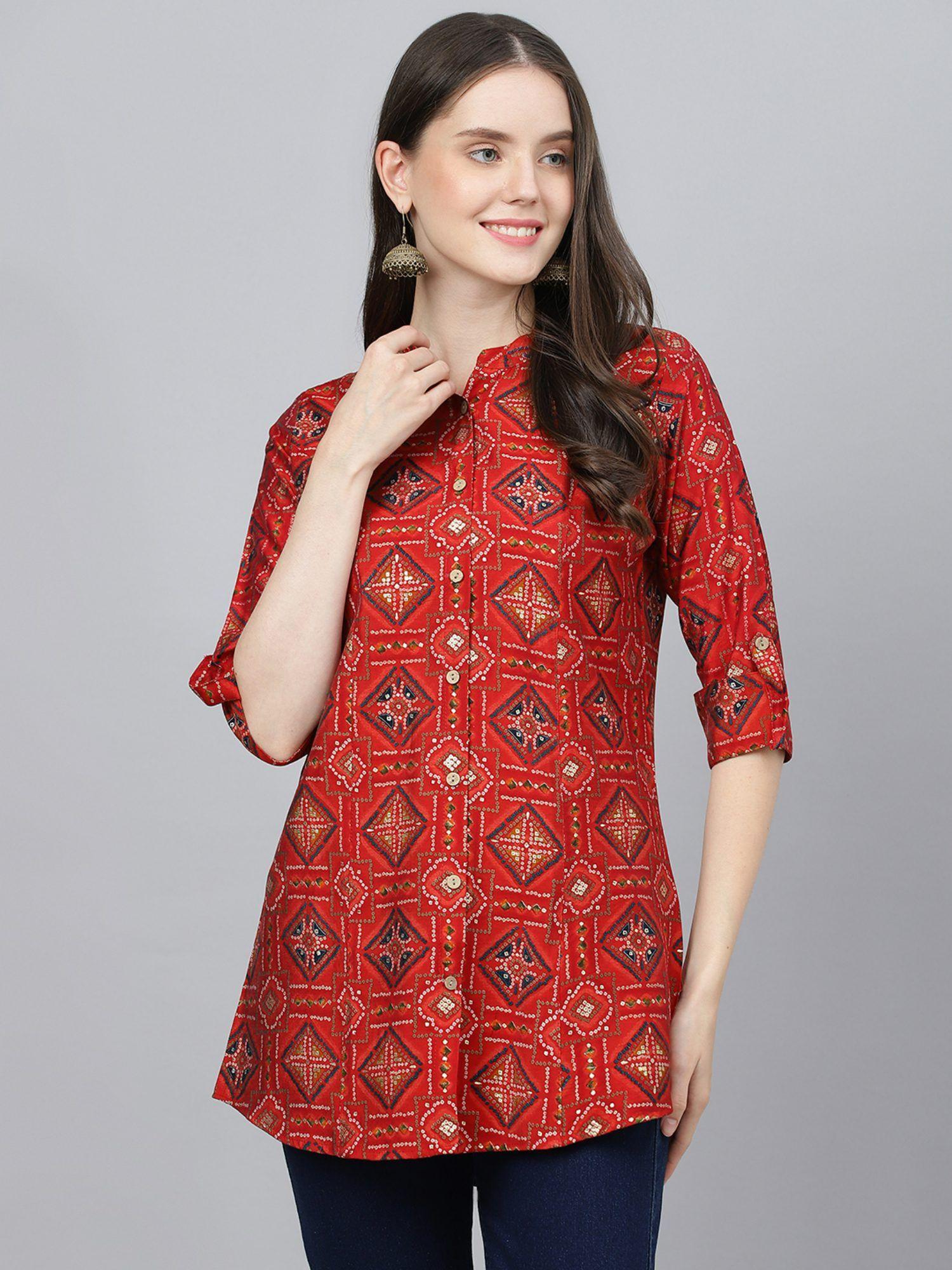 red bandhani printed modal a-line shirts style top