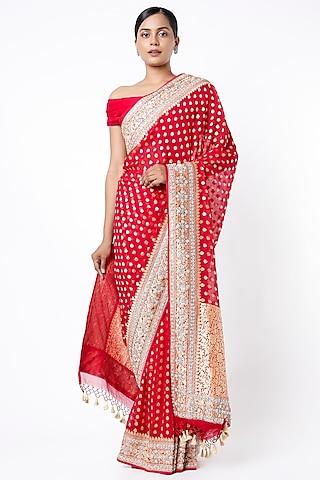 red bandhani saree set