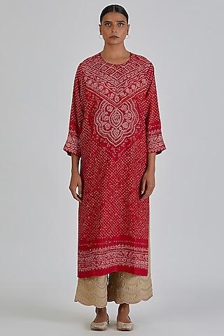 red bandhani silk kurta set