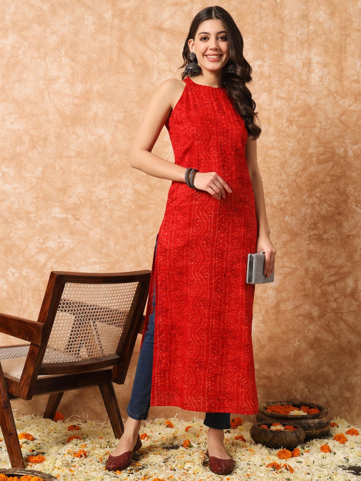 red bandhani straight indo western kurta