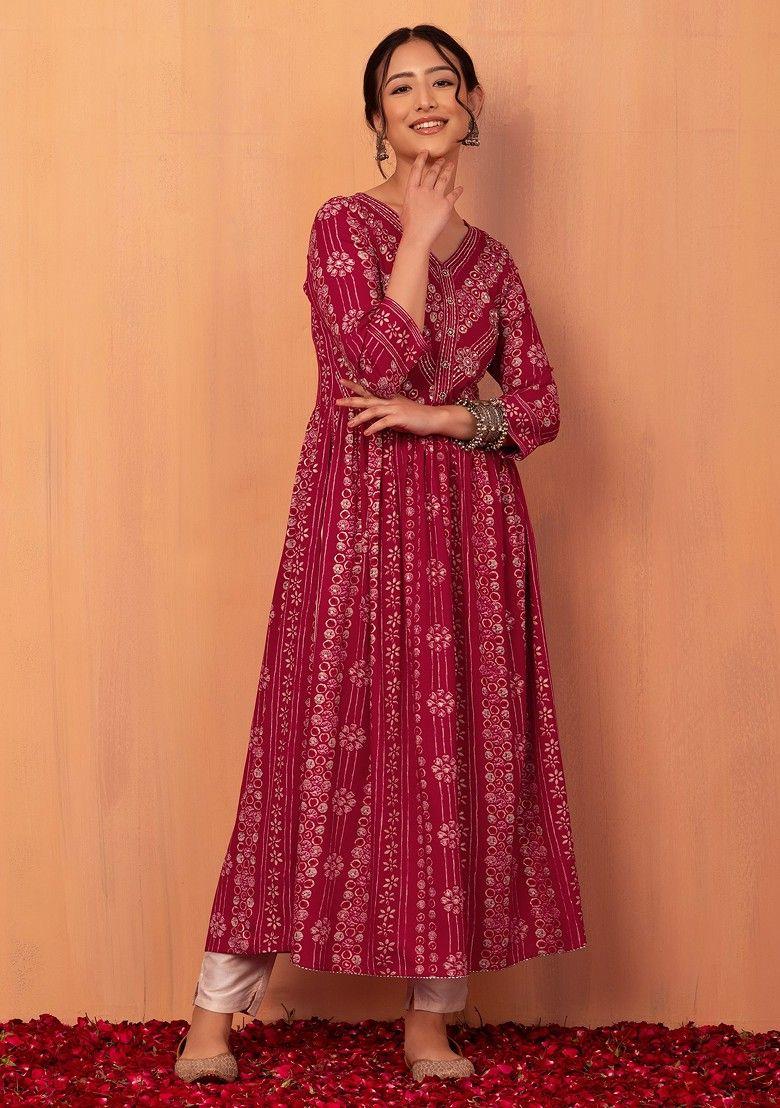 red batik print rayon anarkali kurta