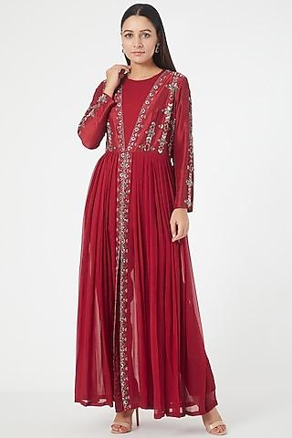 red beaded pleated long tunic set