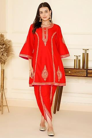 red bemberg silk dori embroidered kurta set