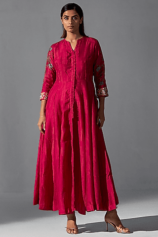 red bemberg silk embellished & printed anarkali set